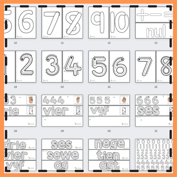 Pret met Getalname 1-10: Flitskaarte, Kleimatte en Natrek-Aktiwiteite. WriteAbility
