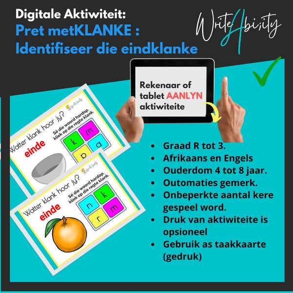 Pret met KLANKE: Identifiseer die eindklank (Digitale/AANLYN aktiwiteit) WriteAbility