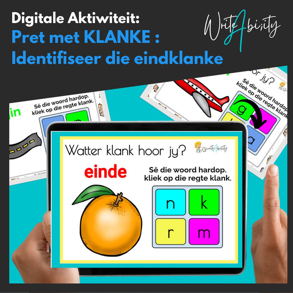 Pret met KLANKE: Identifiseer die eindklank (Digitale/AANLYN aktiwiteit) WriteAbility 