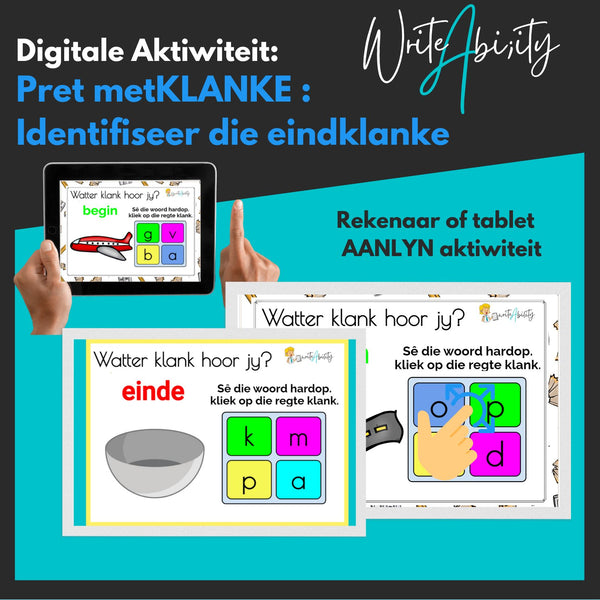 Pret met KLANKE: Identifiseer die eindklank (Digitale/AANLYN aktiwiteit) WriteAbility 