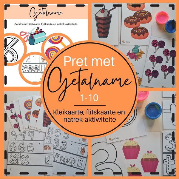 Pret met Getalname 1-10: Flitskaarte, Kleimatte en Natrek-Aktiwiteite. WriteAbility 